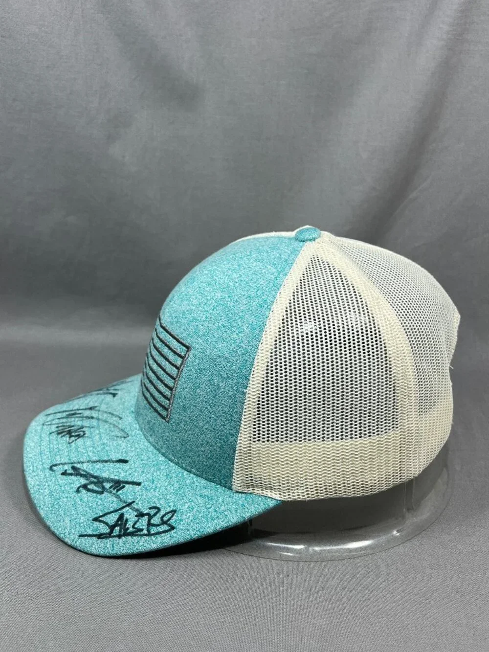 Richardson Trucker Hat Blue Teal Ivory Mesh Snapback Fishing Flag Signatures Cap
